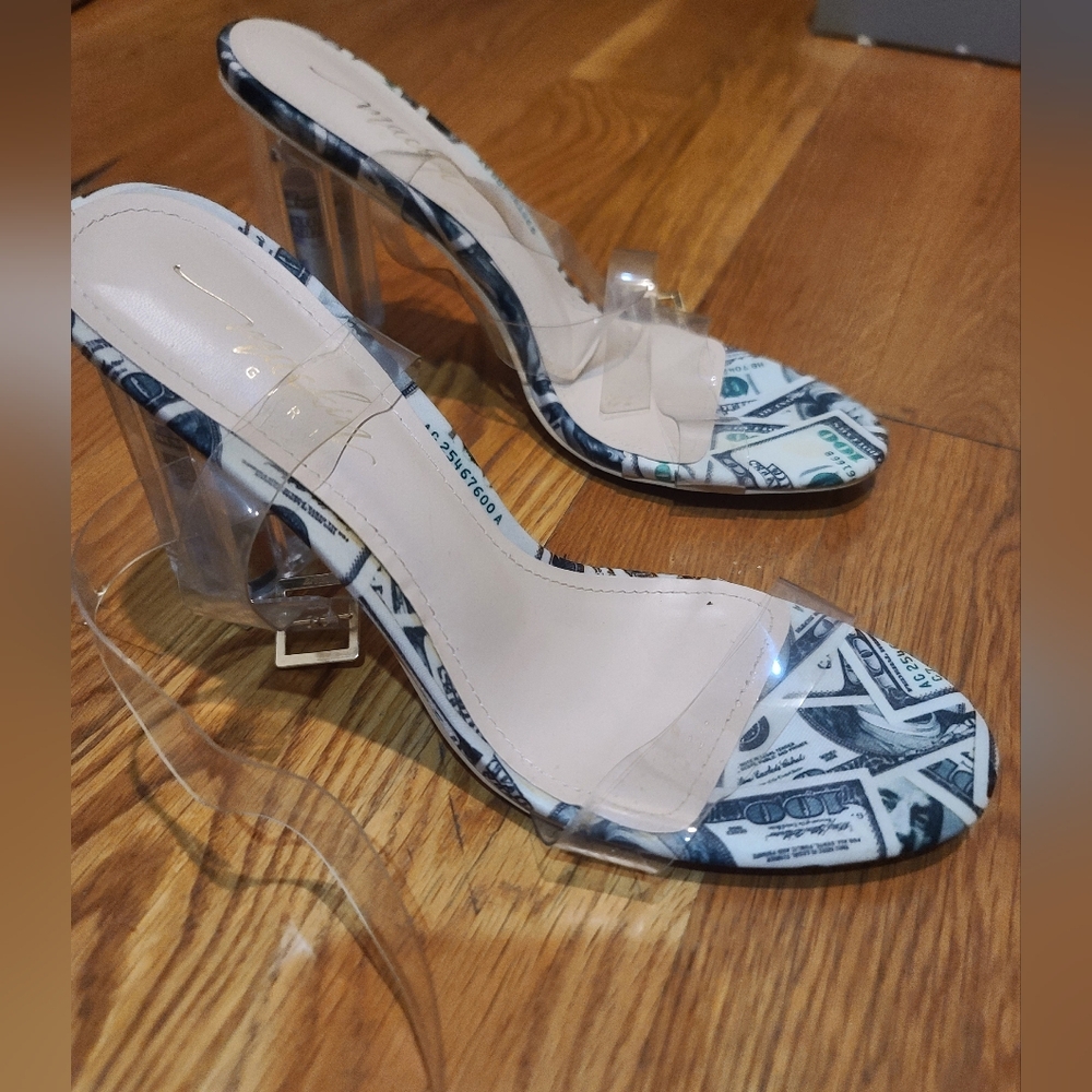 Stylish Clear Heels with Money Print